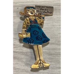 Silvertone Pin Textured Painted Girl w/ Sign‎ Vintage Lady Lunch Man Pays